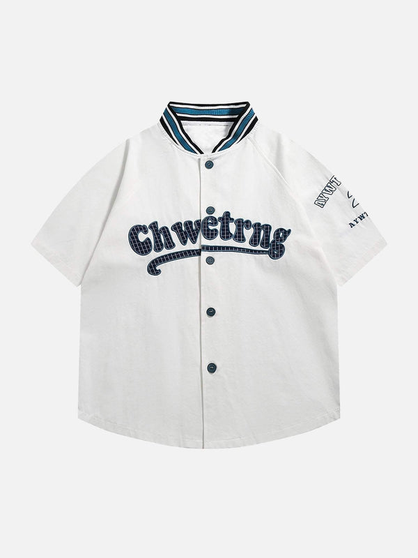 TALISHKO short-sleeved shirt in white with retro letter patch, front view for casual style.