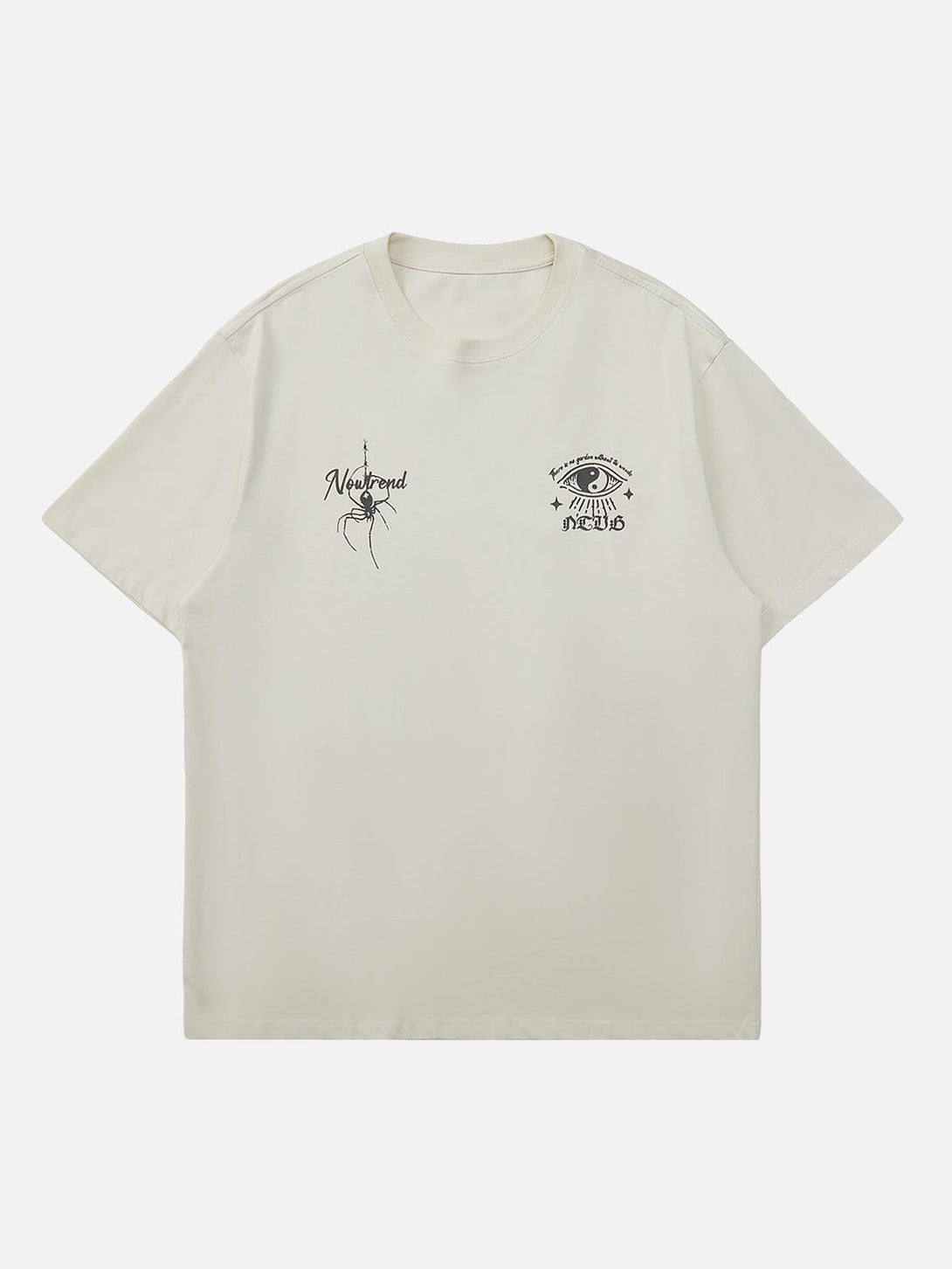 Front view of apricot street rap T-shirt by TALISHKO, featuring retro mural and spider graphics.