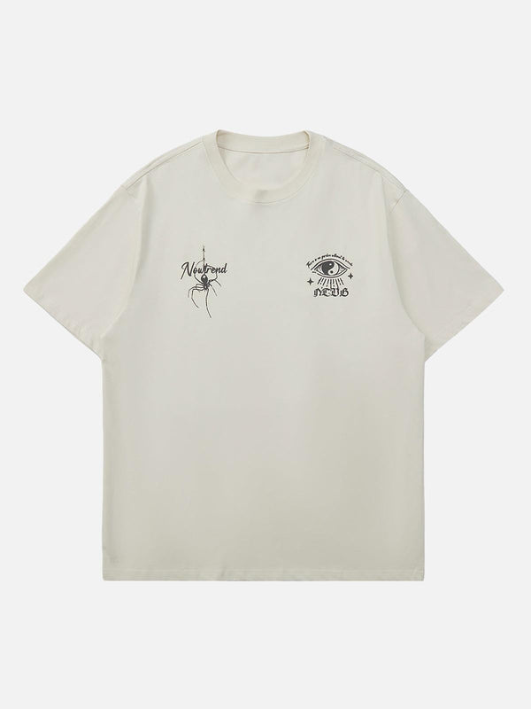 Front view of apricot street rap T-shirt by TALISHKO, featuring retro mural and spider graphics.