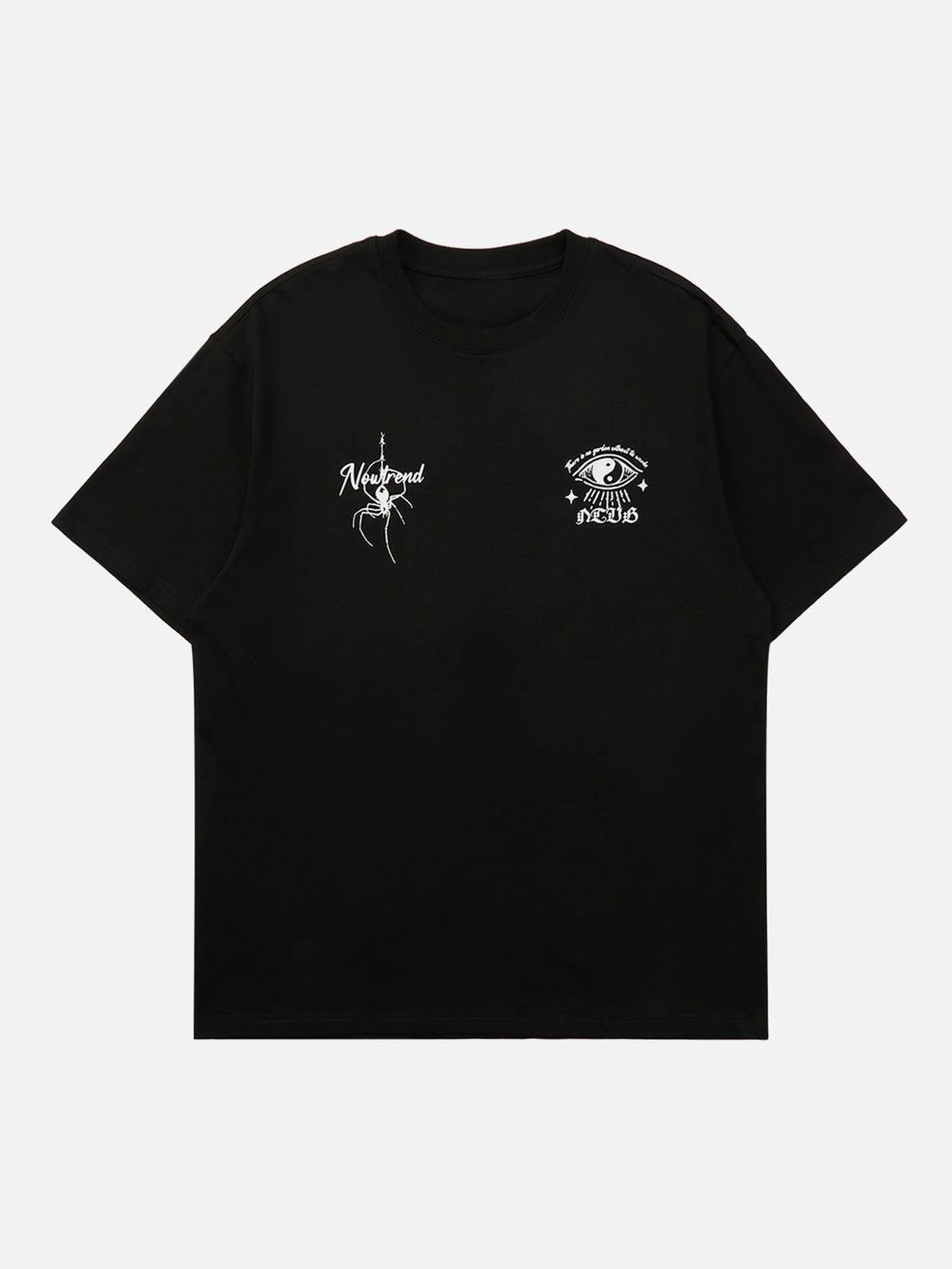 Front view of black street rap T-shirt by TALISHKO, featuring retro mural and spider graphics.