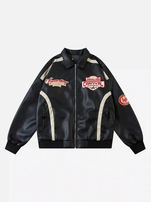 Front view of a black leather motorcycle jacket with retro patches by TALISHKO, perfect for urban style.