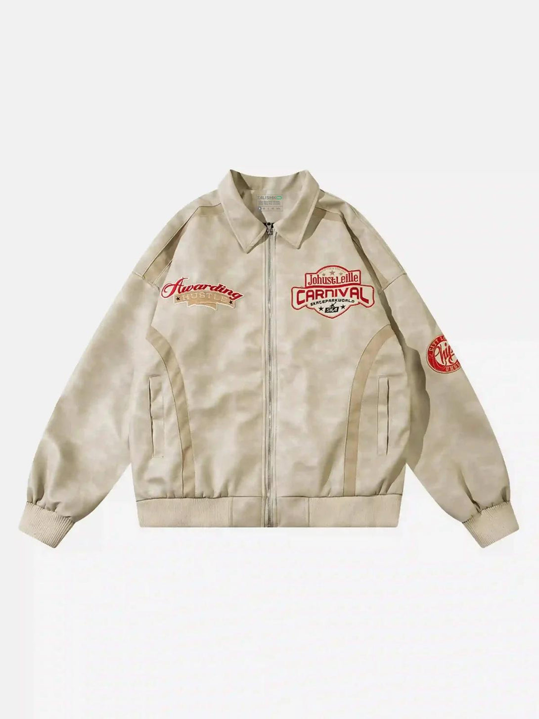 Khaki motorcycle jacket by TALISHKO with retro patches, captured from the front view.