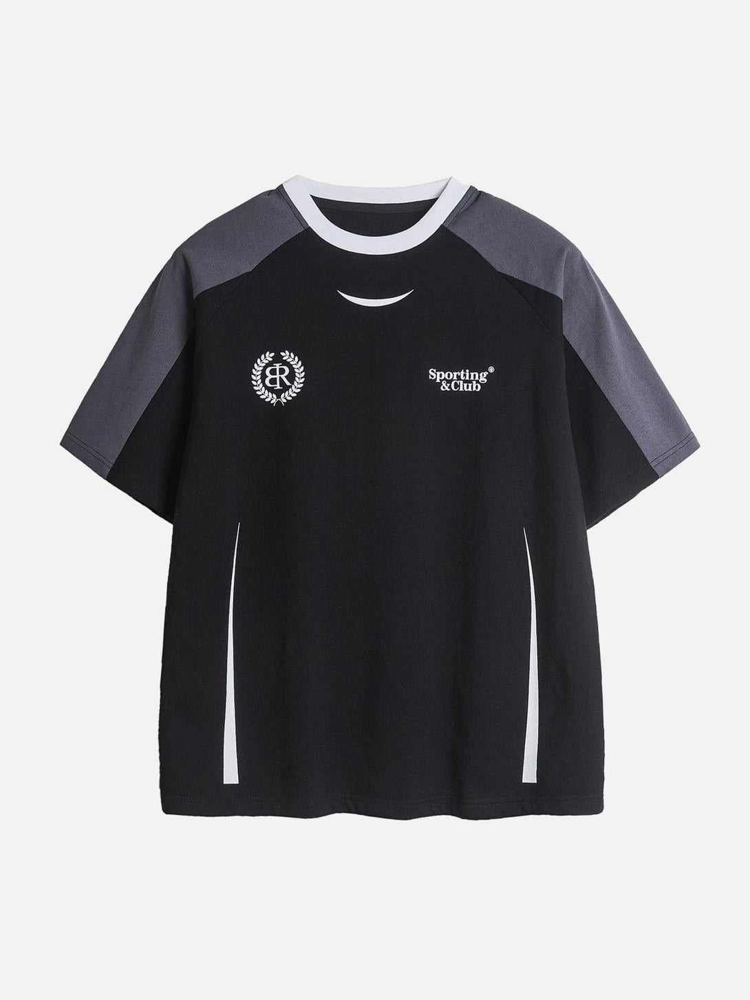 Front view of a TALISHKO black patchwork print T-shirt, great for adding a sporty touch.