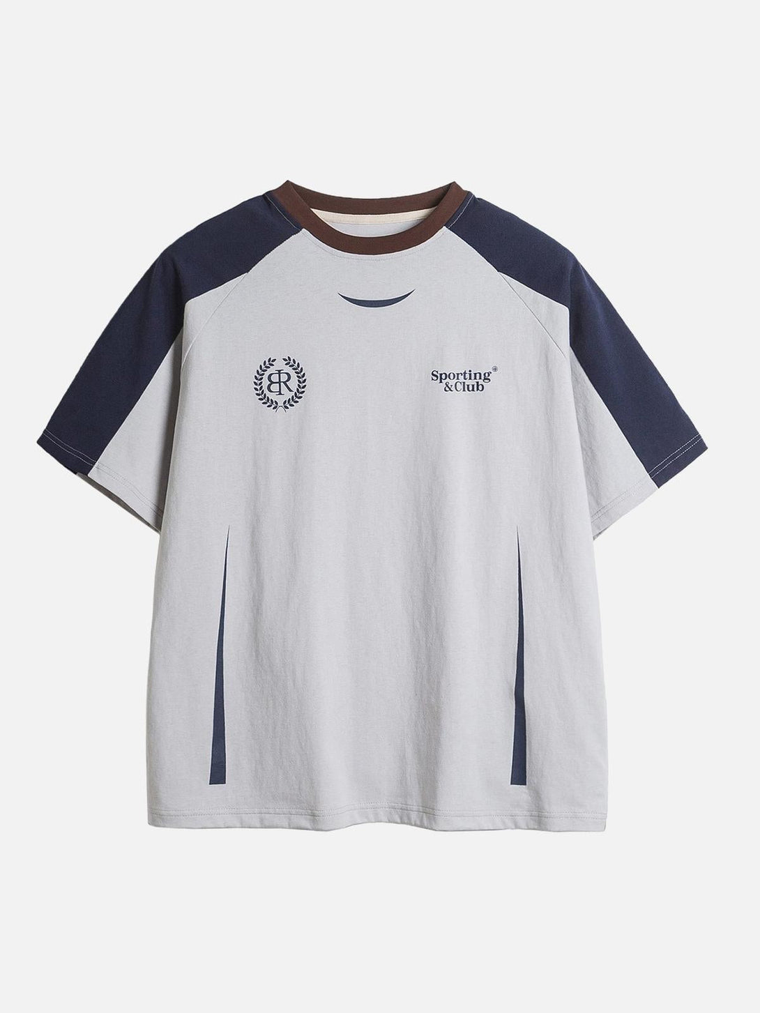 Front view of a TALISHKO light gray patchwork print T-shirt, ideal for a casual summer look.