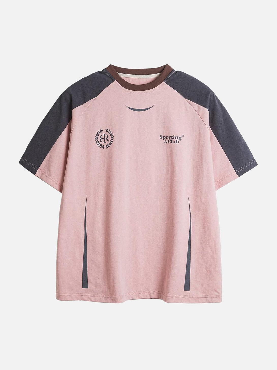 Front view of a TALISHKO light pink patchwork print T-shirt, perfect for a relaxed summer style.