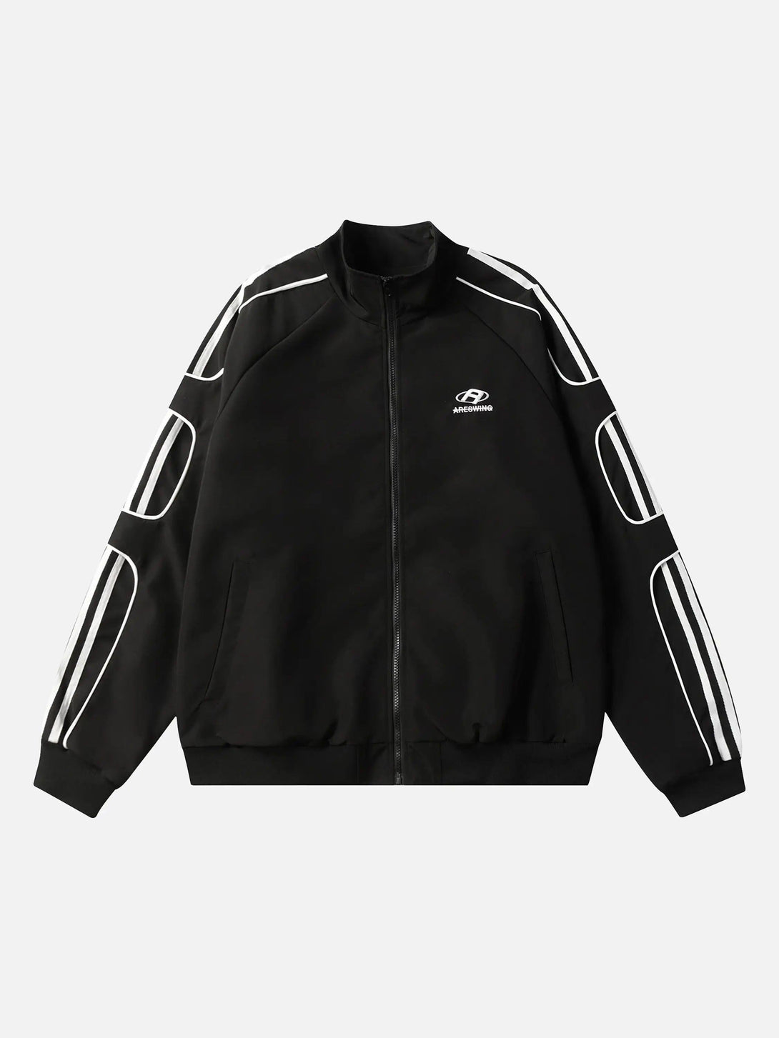 Front view of a black TALISHKO sports jacket with striking white accents, perfect for urban style.