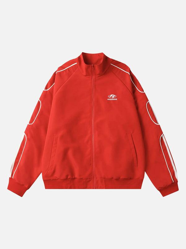 Front view of a bold red retro sports jacket by TALISHKO, featuring chic white accents.