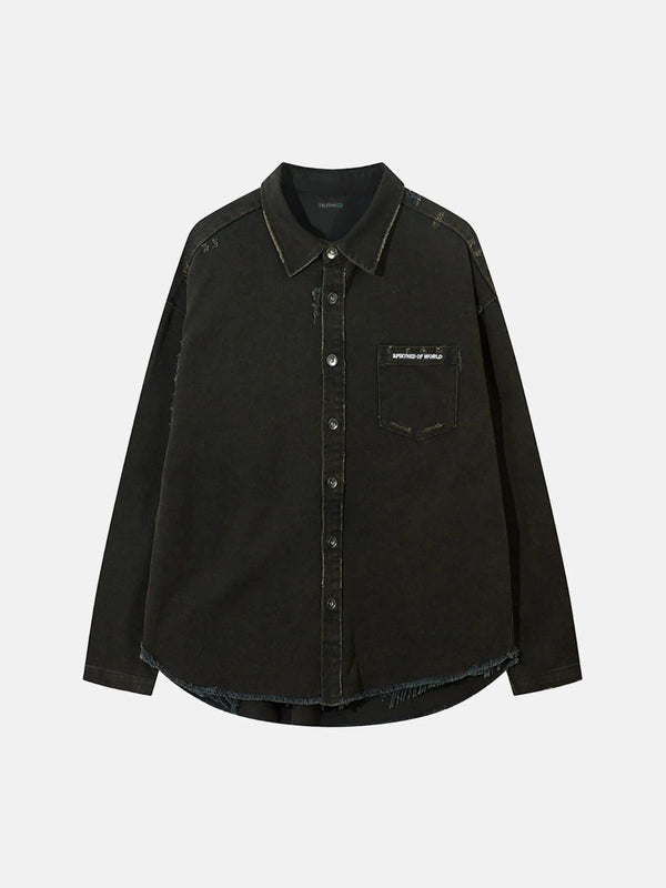 Front view of a black long sleeve shirt with raw edges by TALISHKO, perfect for casual style.