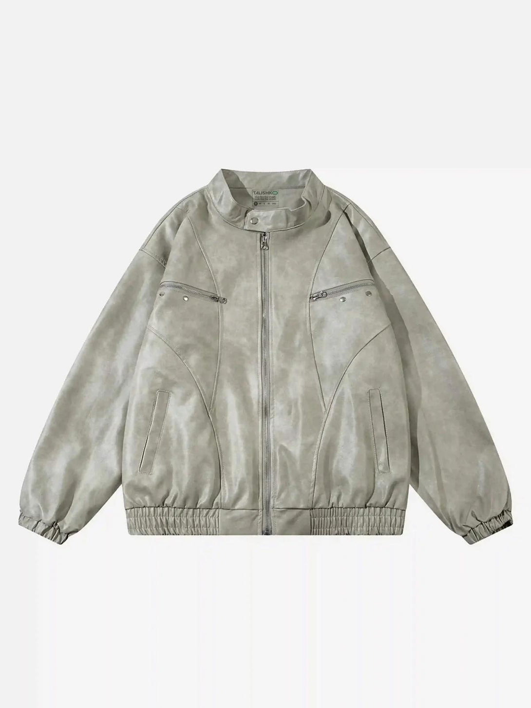 Front view of khaki motorcycle jacket by TALISHKO, featuring a relaxed street style design.