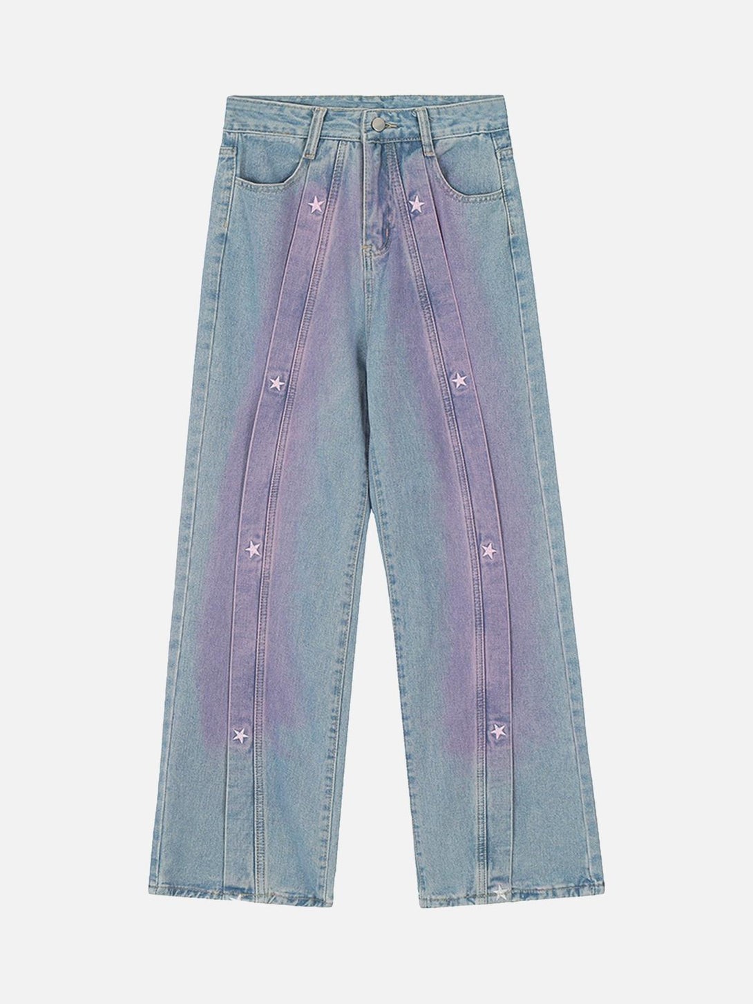 Front view of TALISHKO light blue jeans with spray-painted stars, perfect for casual style.