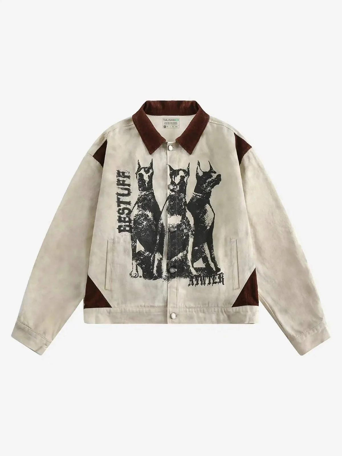 Front view of a khaki graffiti patchwork jacket by TALISHKO, featuring bold dog prints.