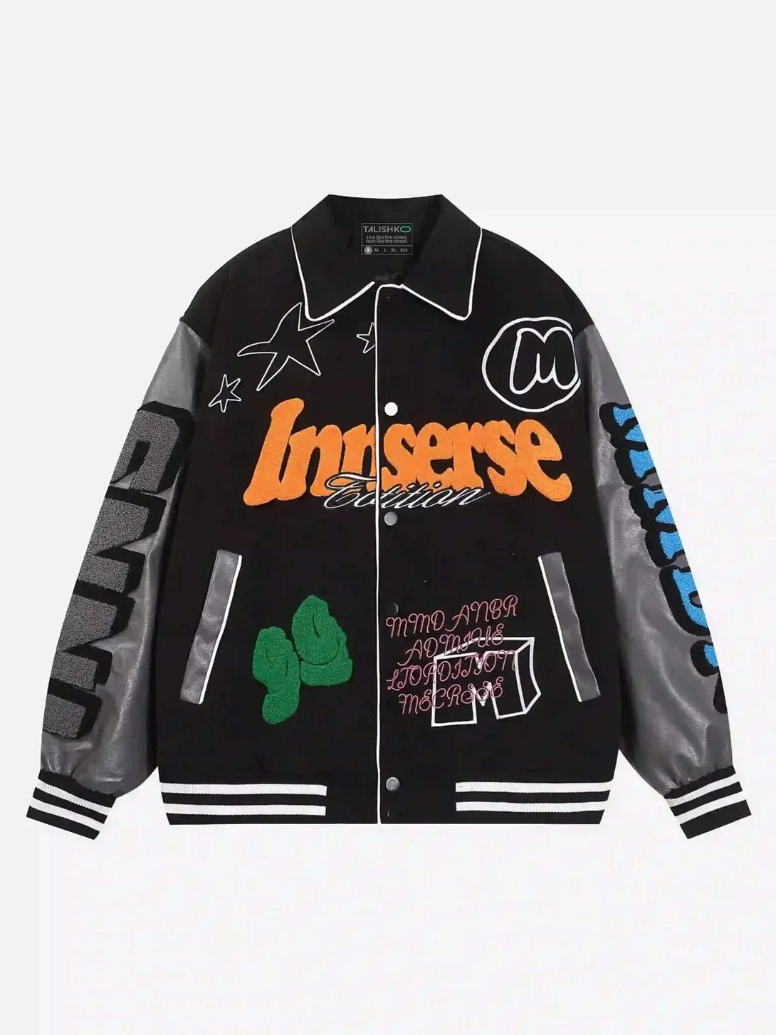 Front view of a black woolen baseball jacket by TALISHKO with vibrant graphic patches.