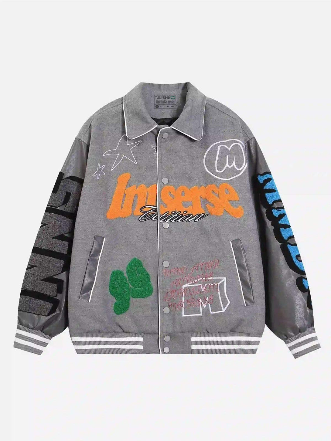 Front view of a gray woolen baseball jacket by TALISHKO featuring vibrant graphic designs.