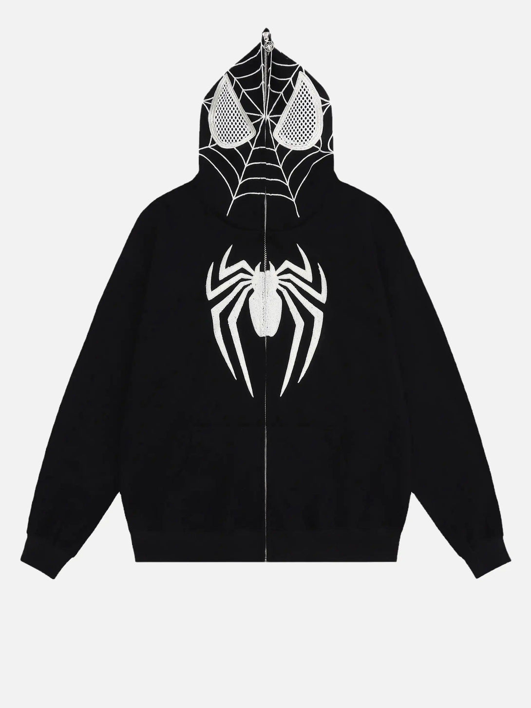 Front view of a black TALISHKO hoodie featuring spider-themed embroidery and a unique hood design.
