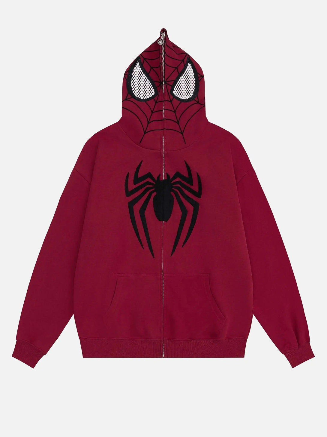 Front view of a red TALISHKO hoodie featuring spider web embroidery and a detailed mask hood.