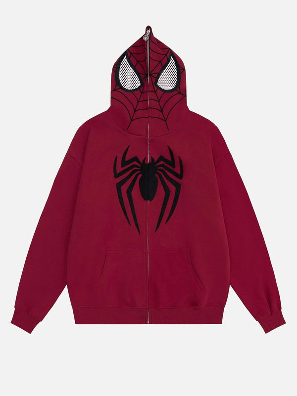 Front view of a red TALISHKO hoodie featuring spider web embroidery and a detailed mask hood.