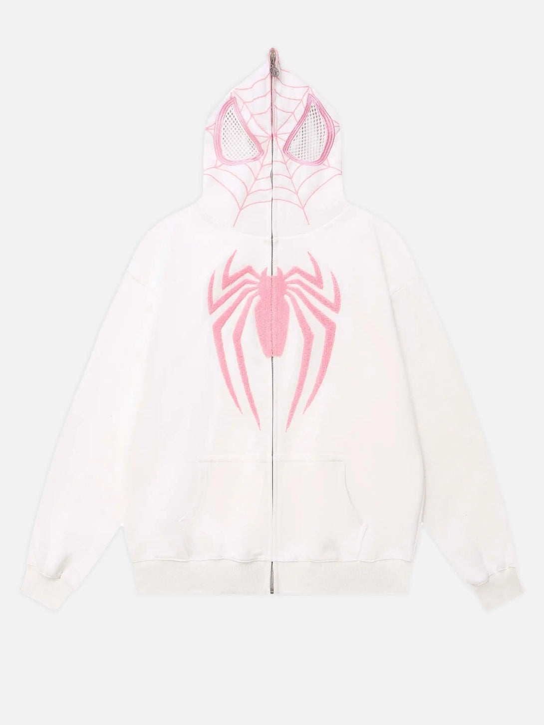 Front view of a white TALISHKO hoodie with pink spider embroidery and a web-patterned hood.