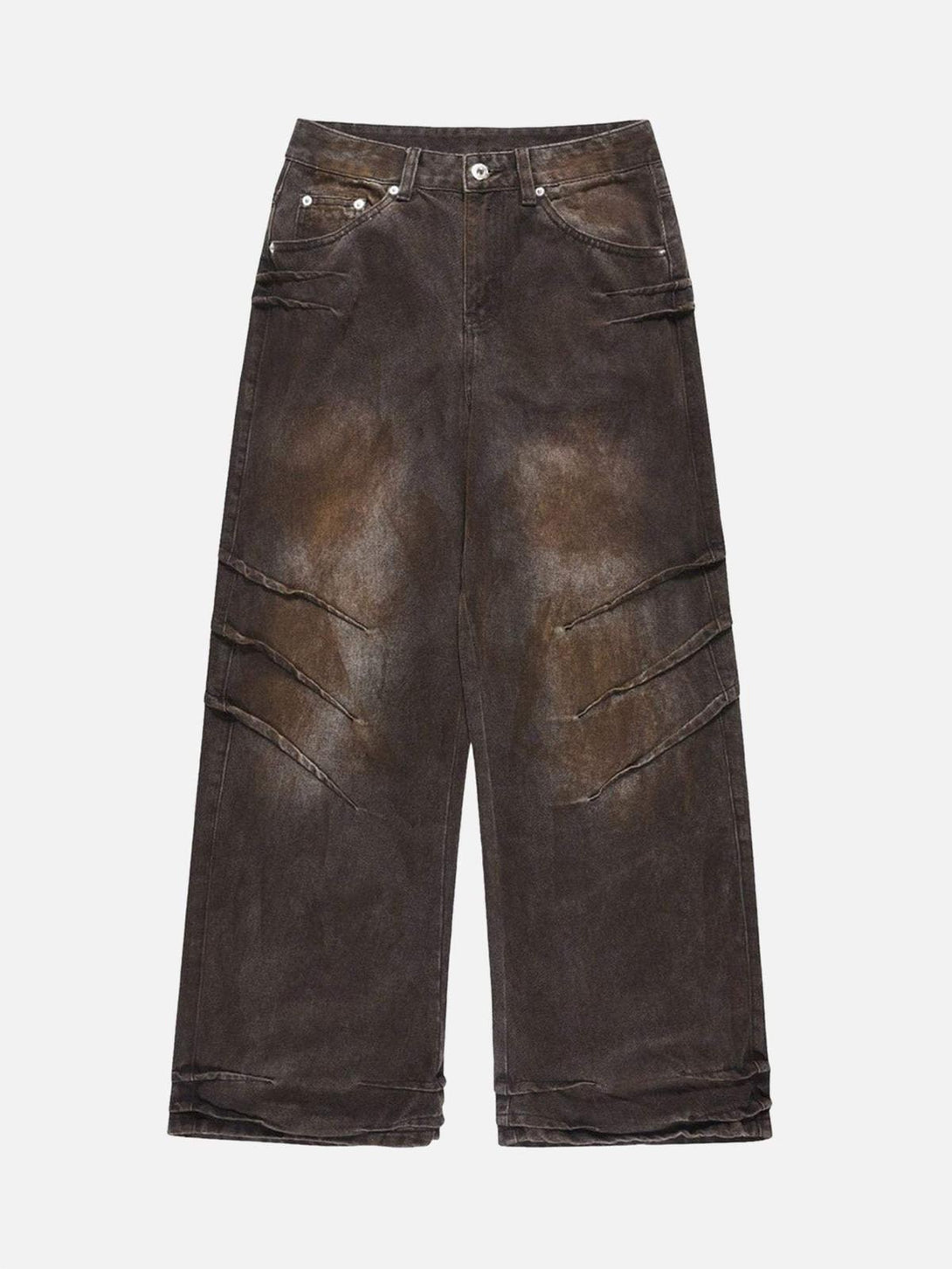 Front view of brown washed jeans by TALISHKO, featuring a rugged, industrial street style.