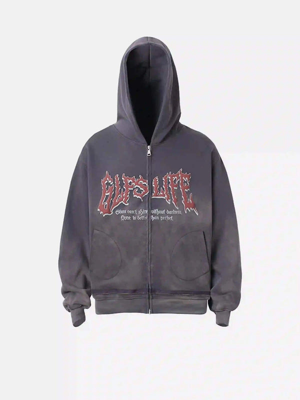 Front view of a purple hoodie by TALISHKO, featuring bold text design, perfect for urban style.