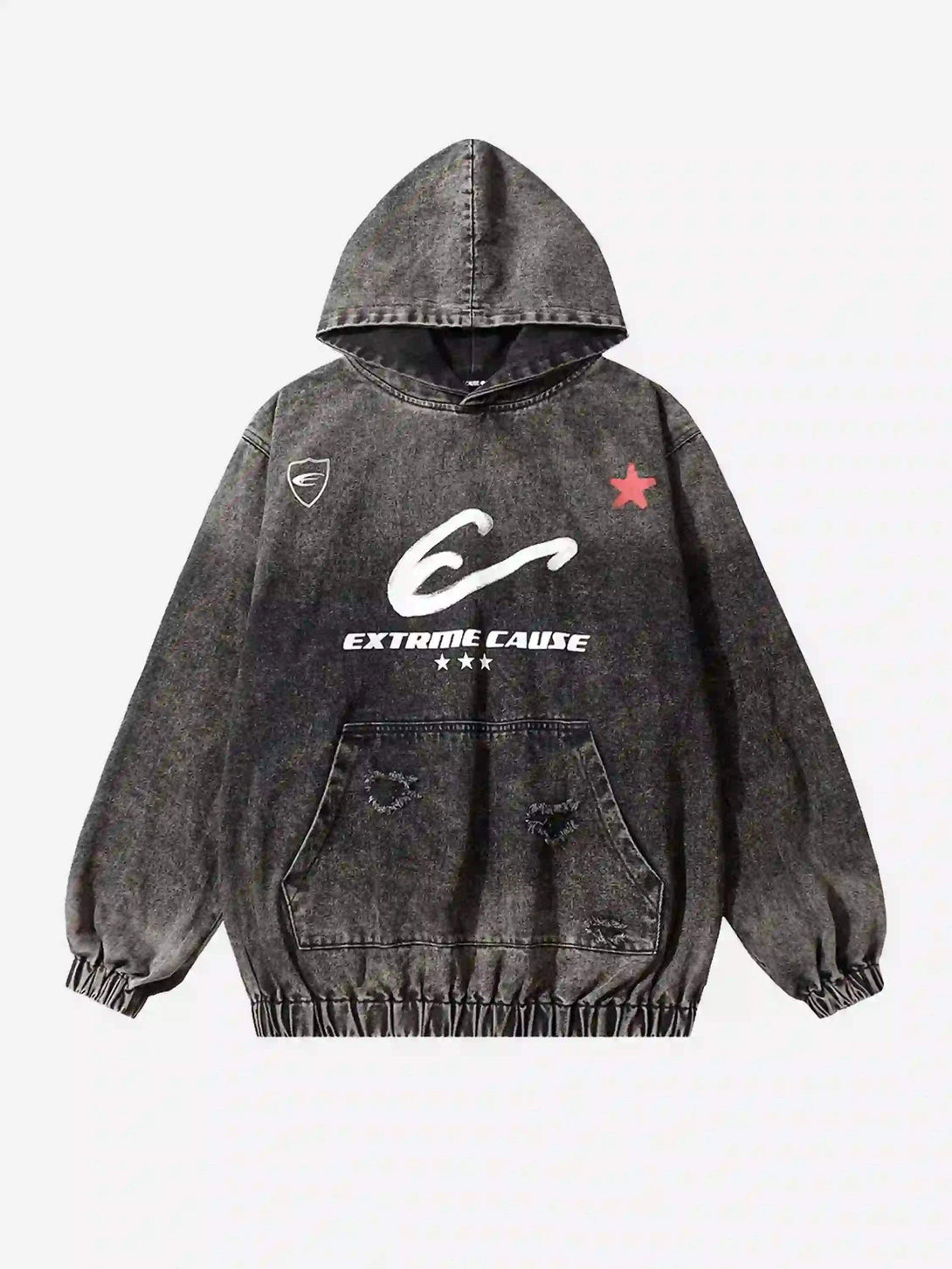 Front view of a black denim hoodie with gradient design and unique graphic by TALISHKO.