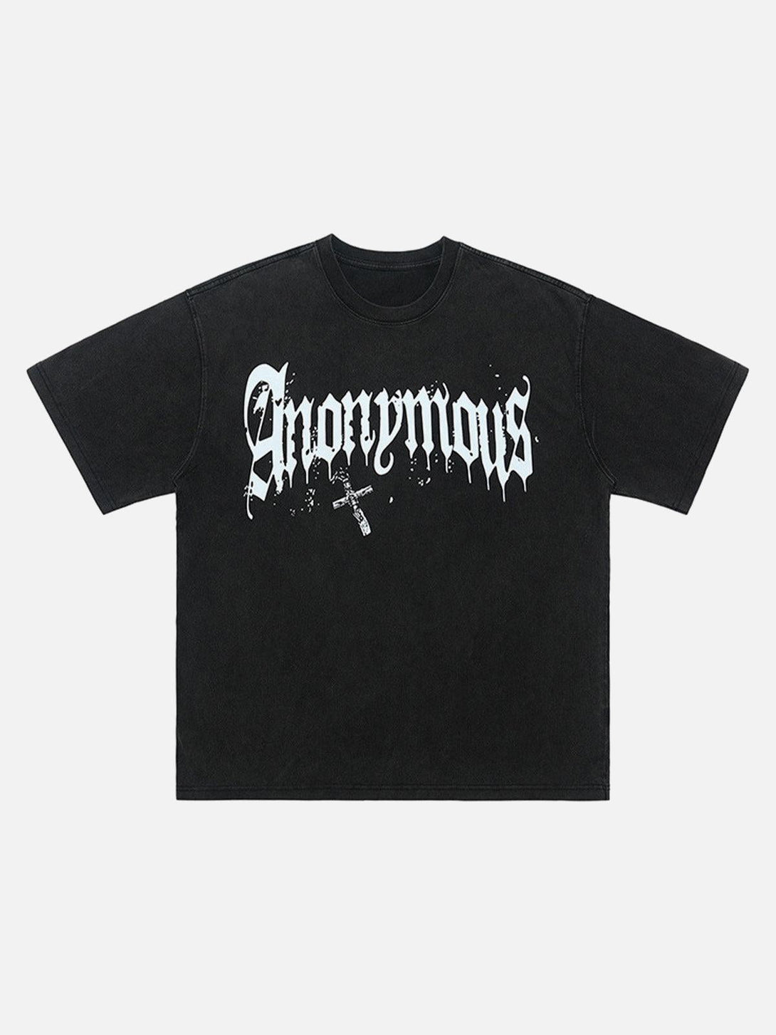 Front view of a black Gothic cross T-shirt by TALISHKO, featuring bold distressed lettering.
