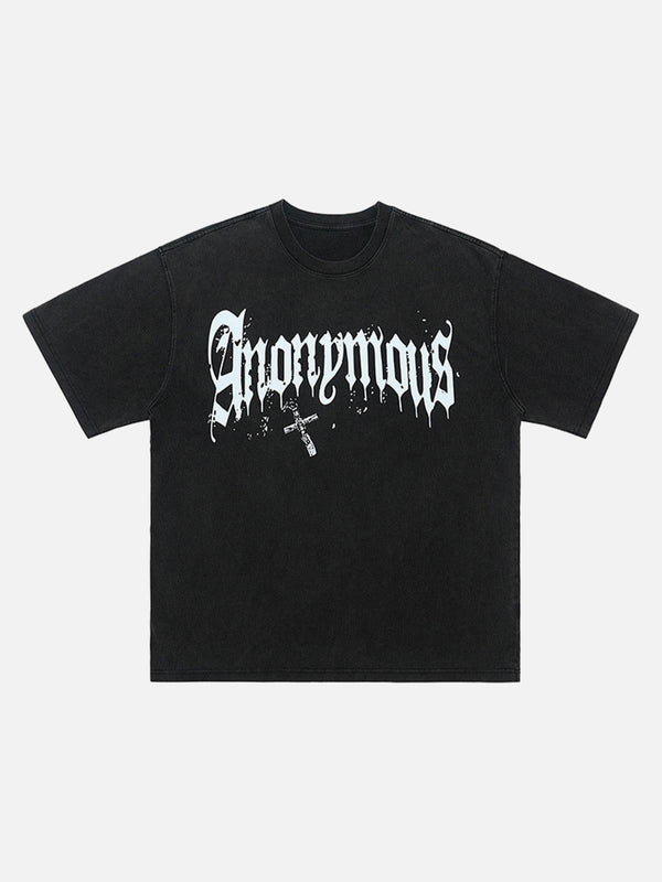 Front view of a black Gothic cross T-shirt by TALISHKO, featuring bold distressed lettering.