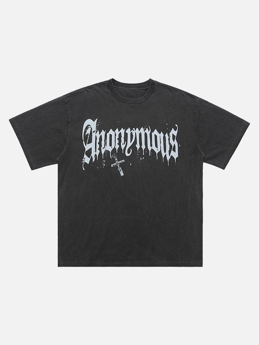 Front view of a dark gray Gothic T-shirt by TALISHKO, featuring heavy washed distressed design.