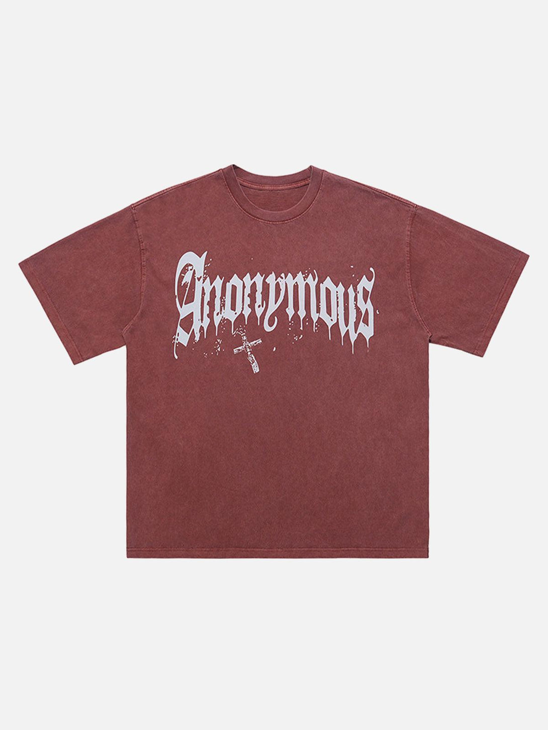 Front view of a red Gothic T-shirt by TALISHKO, featuring distressed lettering and cross design.