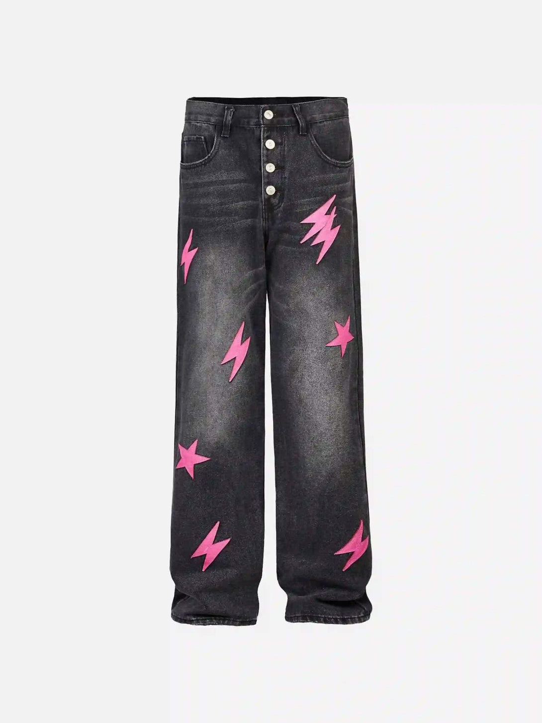 TALISHKO black jeans with pink lightning and star designs, shown in a front view.