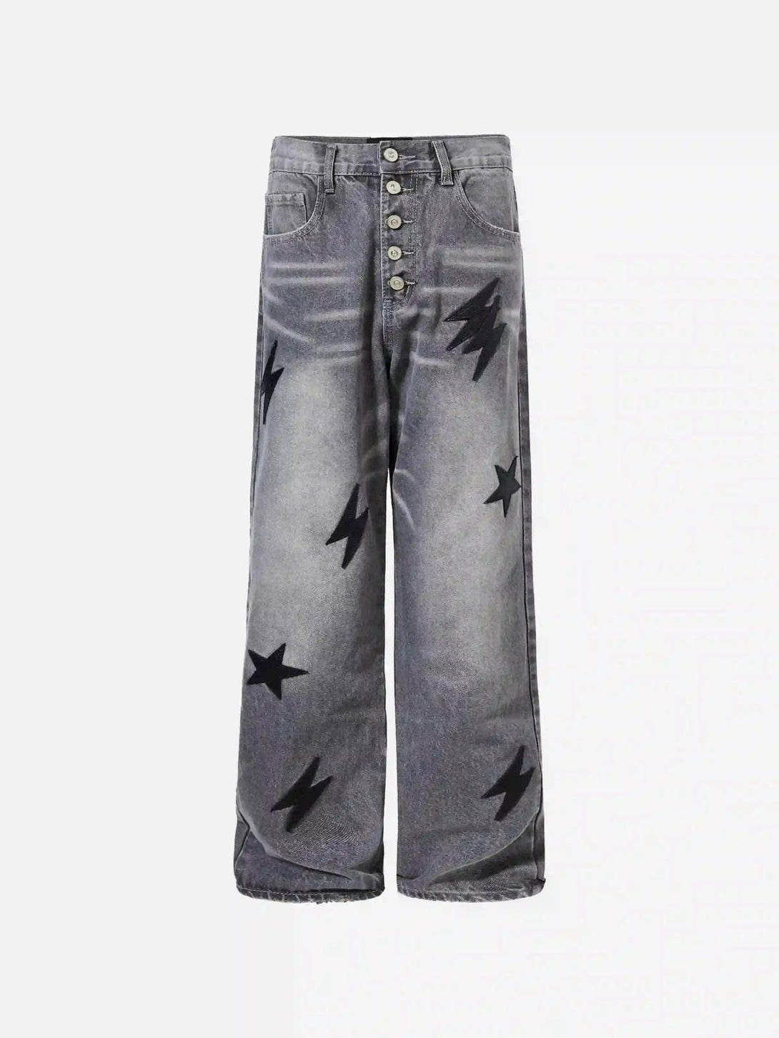 Front view of TALISHKO gray jeans with striking lightning and star designs, perfect for bold style.