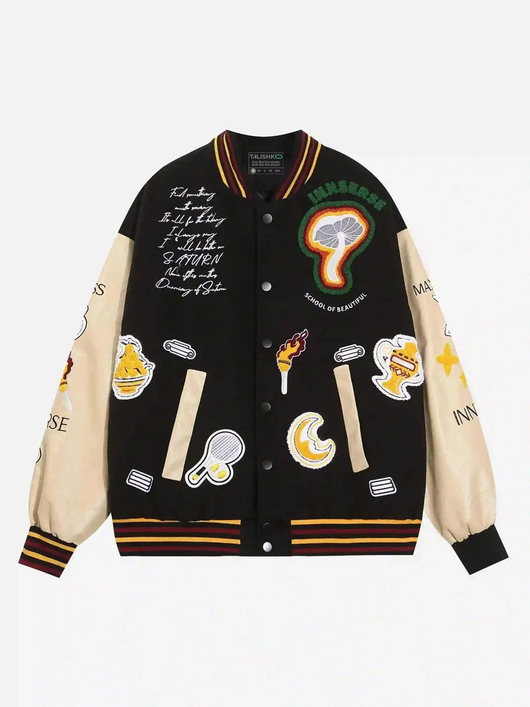 Front view of TALISHKO's black retro baseball jacket featuring colorful embroidered patches.