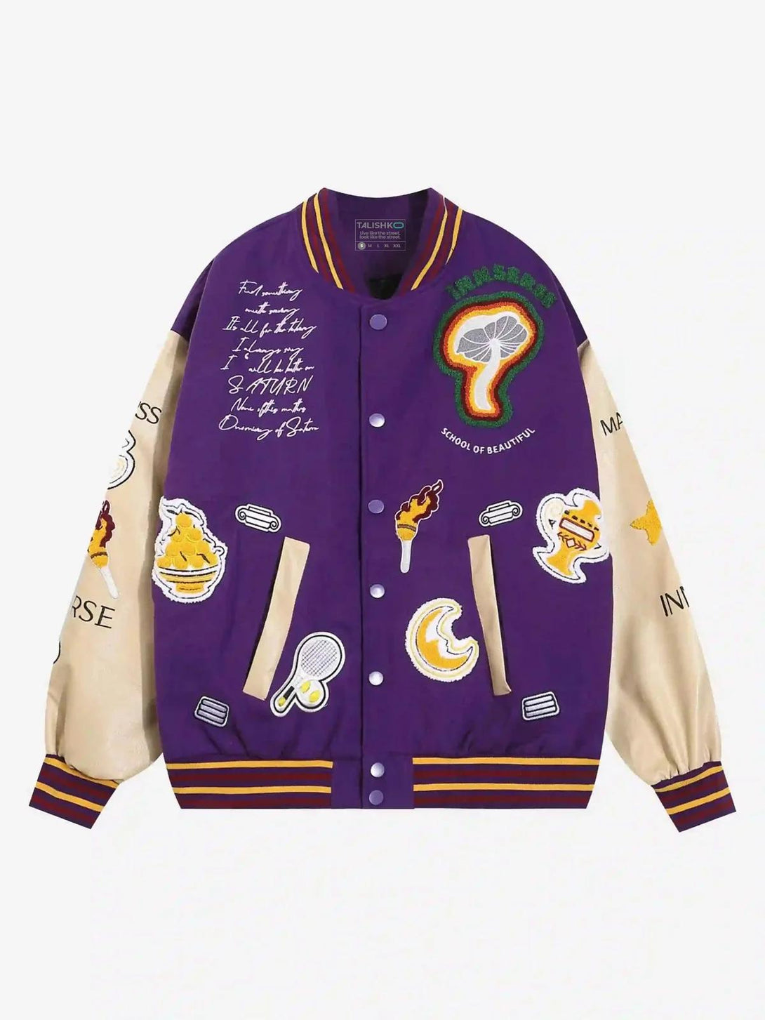 Front view of a purple embroidered baseball jacket by TALISHKO, featuring vibrant patches.
