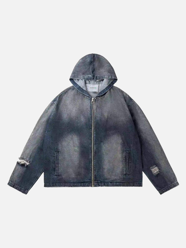 Front view of a blue, distressed denim hoodie by TALISHKO, capturing a retro street vibe.