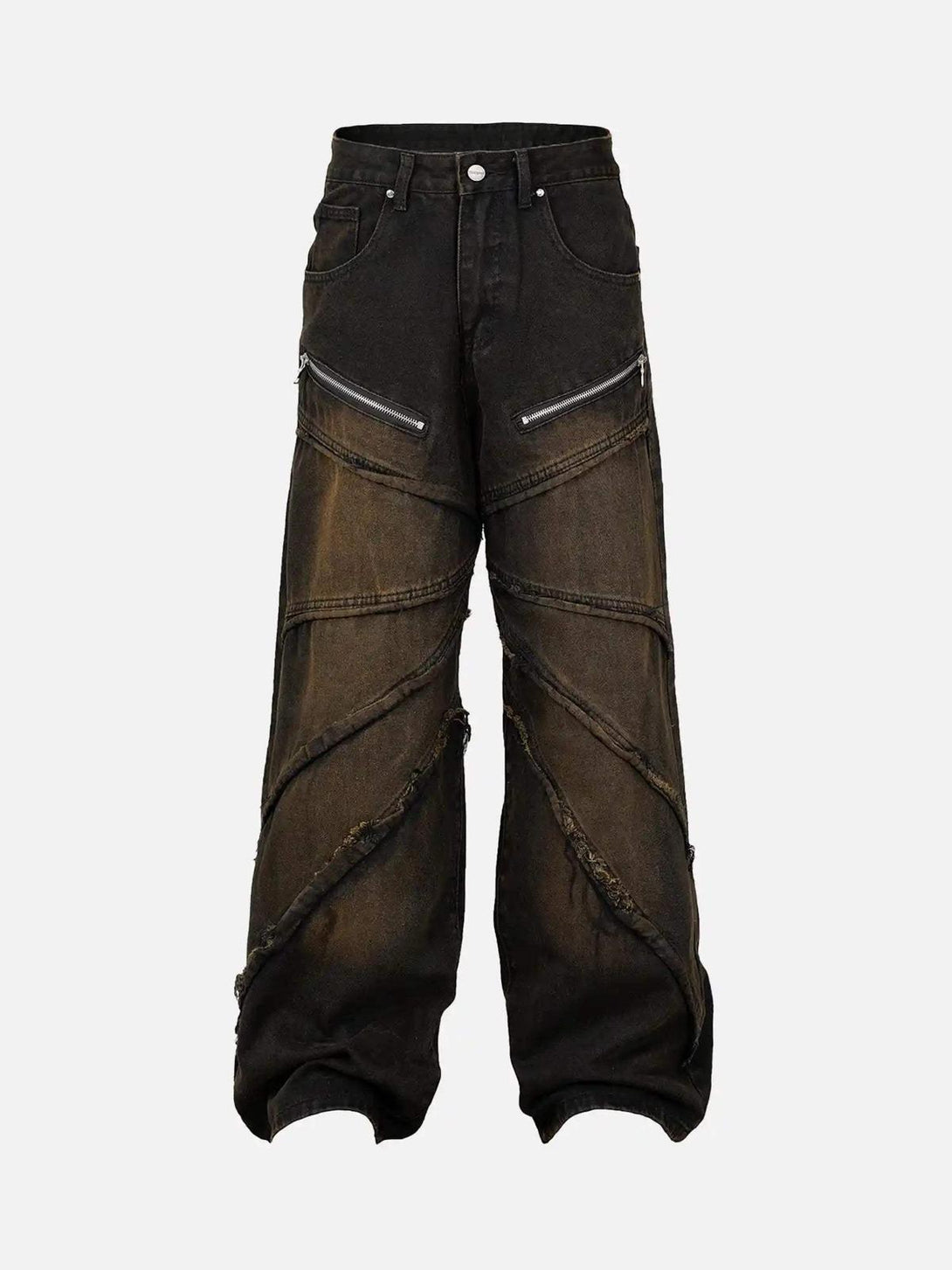 Front view of black distressed jeans by TALISHKO, showcasing unique diagonal frayed patterns.