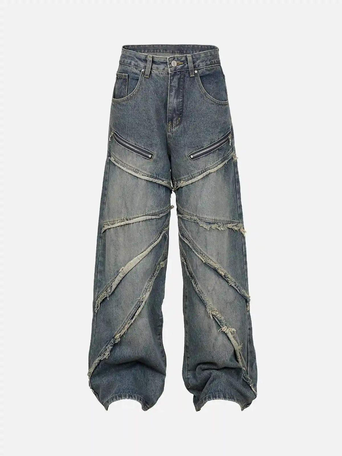 Front view of blue distressed jeans by TALISHKO, featuring unique diagonal frayed details.