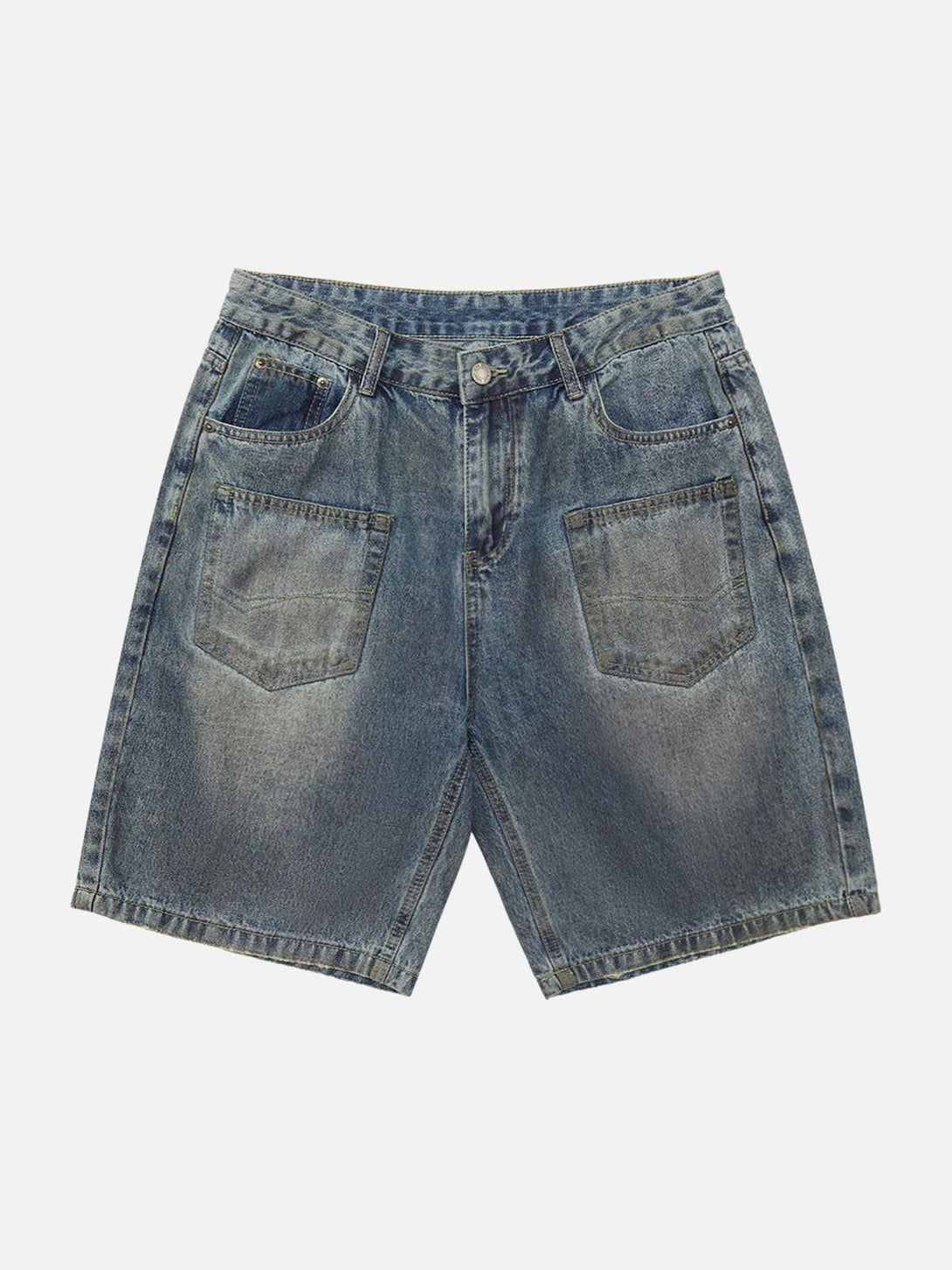 Front view of blue TALISHKO washed distressed denim shorts, perfect for casual summer outings.