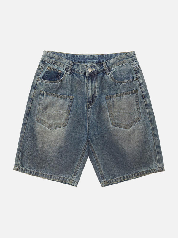 Front view of blue TALISHKO washed distressed denim shorts, perfect for casual summer outings.