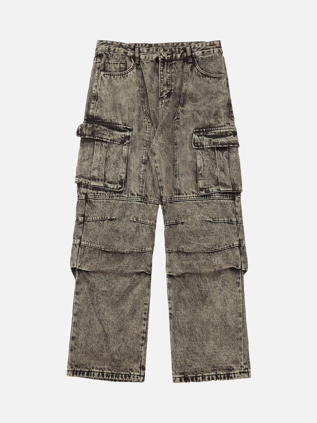 Front view of TALISHKO light brown distressed work jeans featuring multiple cargo pockets.
