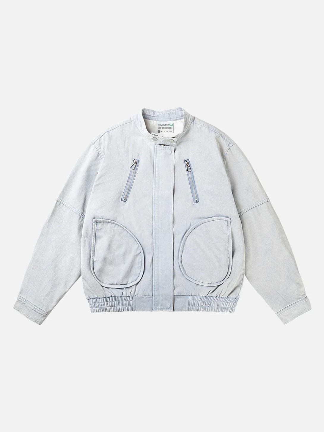 Front view of a blue washed short jacket by TALISHKO, perfect for casual street style.