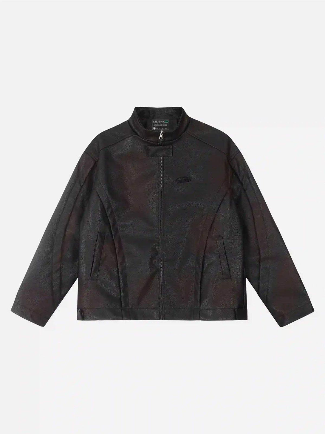 Front view of a black motorcycle jacket by TALISHKO, featuring sleek design and embroidery.