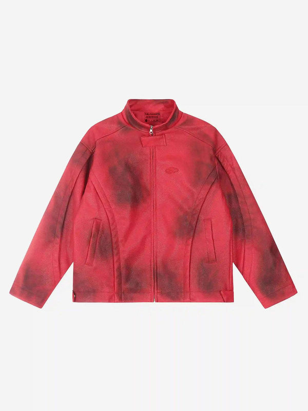 Front view of a red motorcycle jacket by TALISHKO, featuring a bold spray color design.