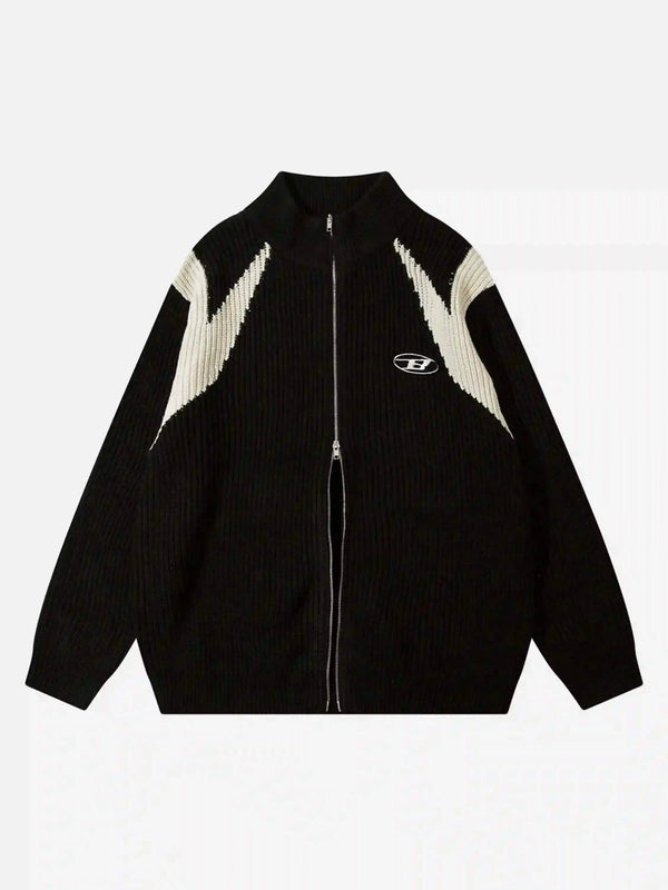 Front view of a black color-blocking zipper cardigan by TALISHKO, featuring a modern street style.
