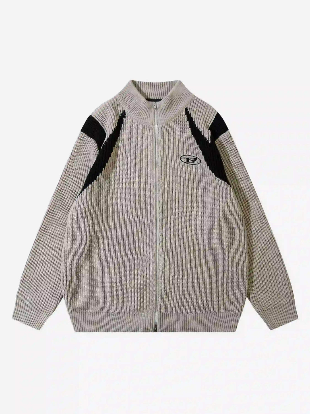 Front view of a light gray color-blocking zipper cardigan by TALISHKO, in a trendy urban style.