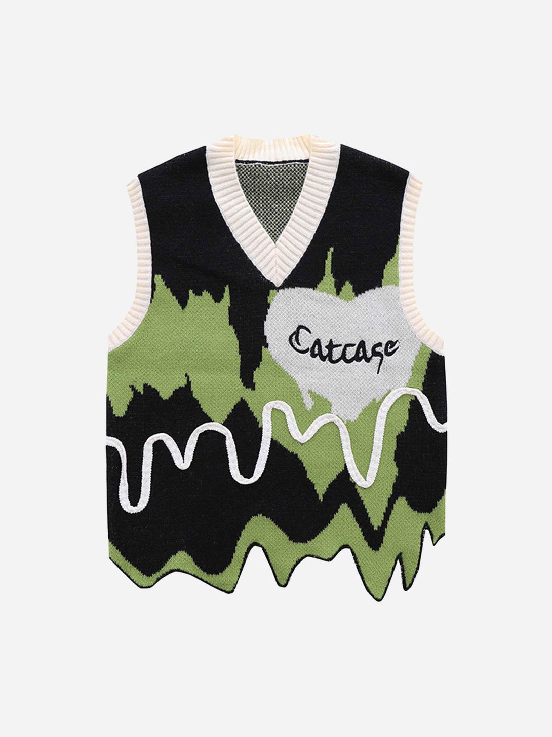 Front view of a black graffiti-inspired sweater vest by TALISHKO, featuring vibrant patterns.