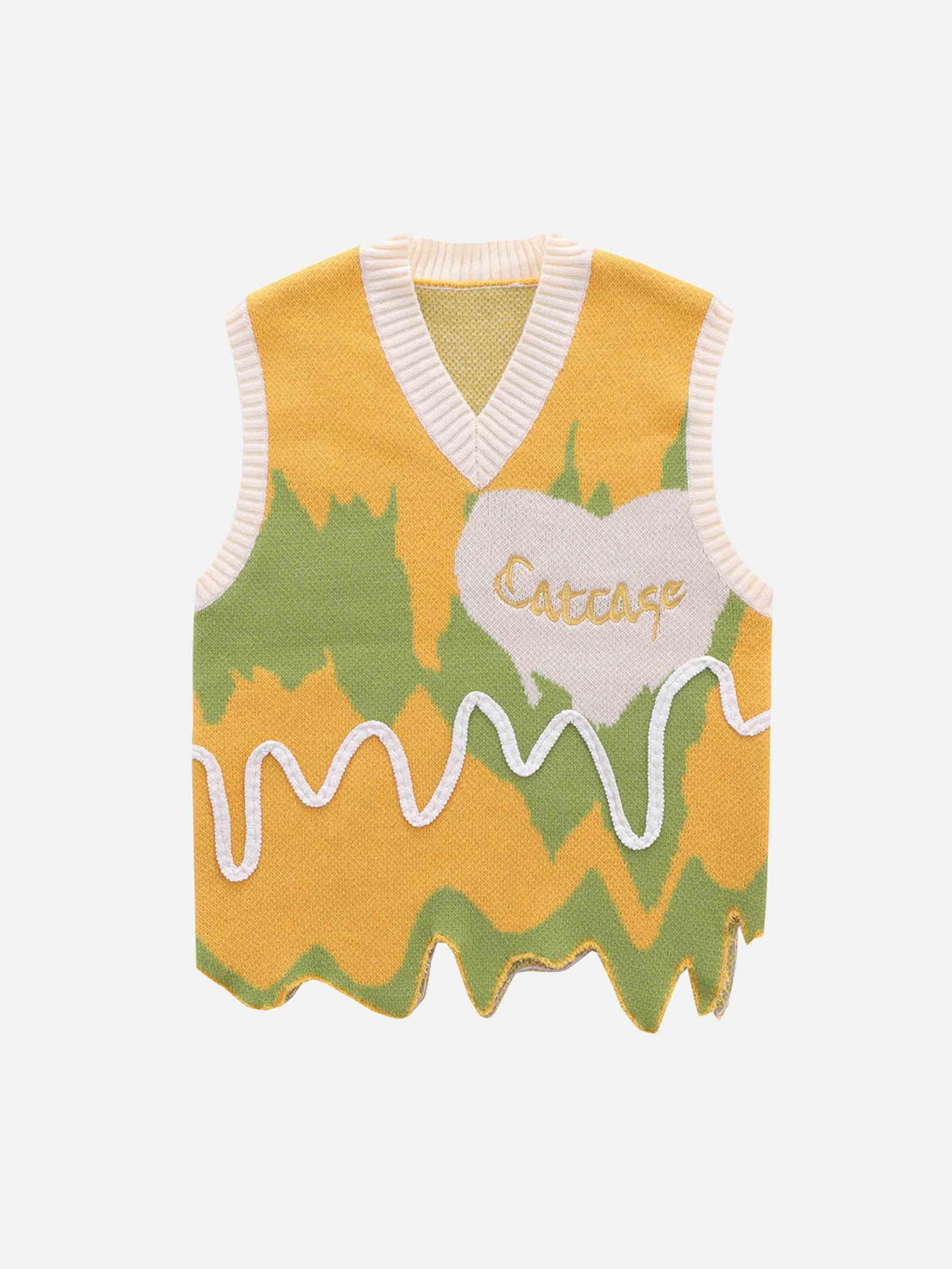 Front view of a yellow sweater vest with graffiti-inspired design by TALISHKO.