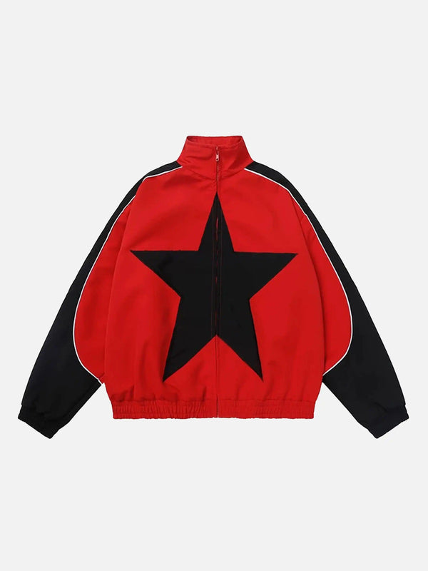 Front view of a red jacket featuring a black star design by TALISHKO, perfect for casual wear.