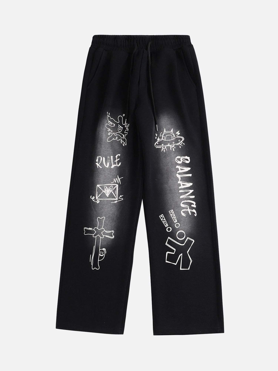 Front view of black TALISHKO sweatpants featuring spray-painted graphics and casual style.
