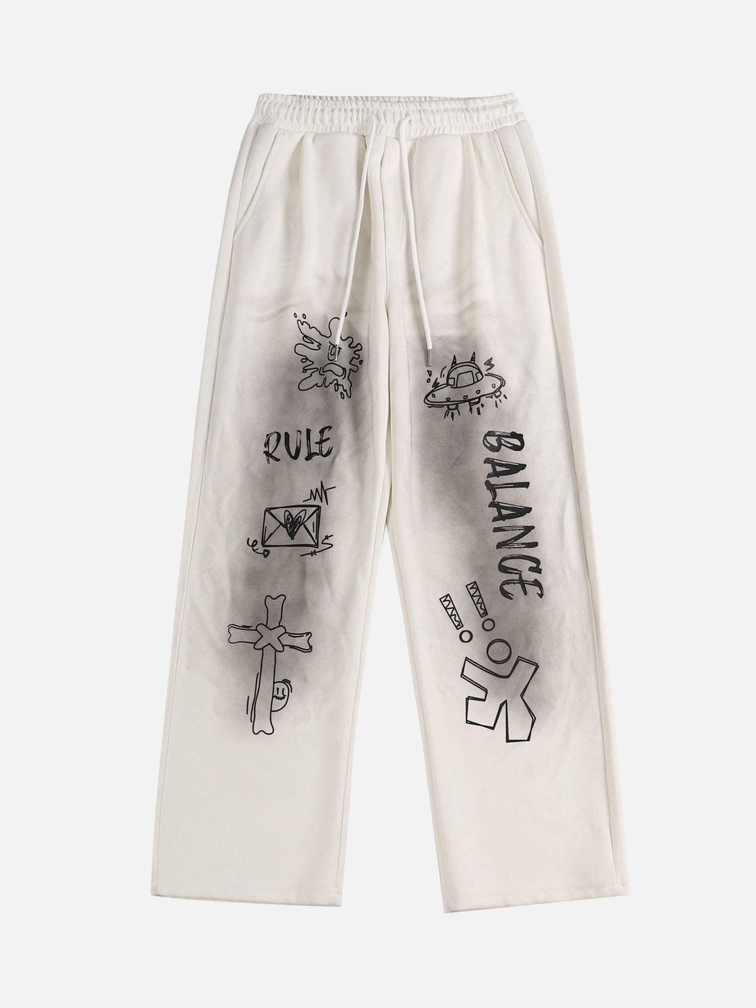 Front view of white TALISHKO sweatpants with artistic spray-painted graphics and casual vibe.