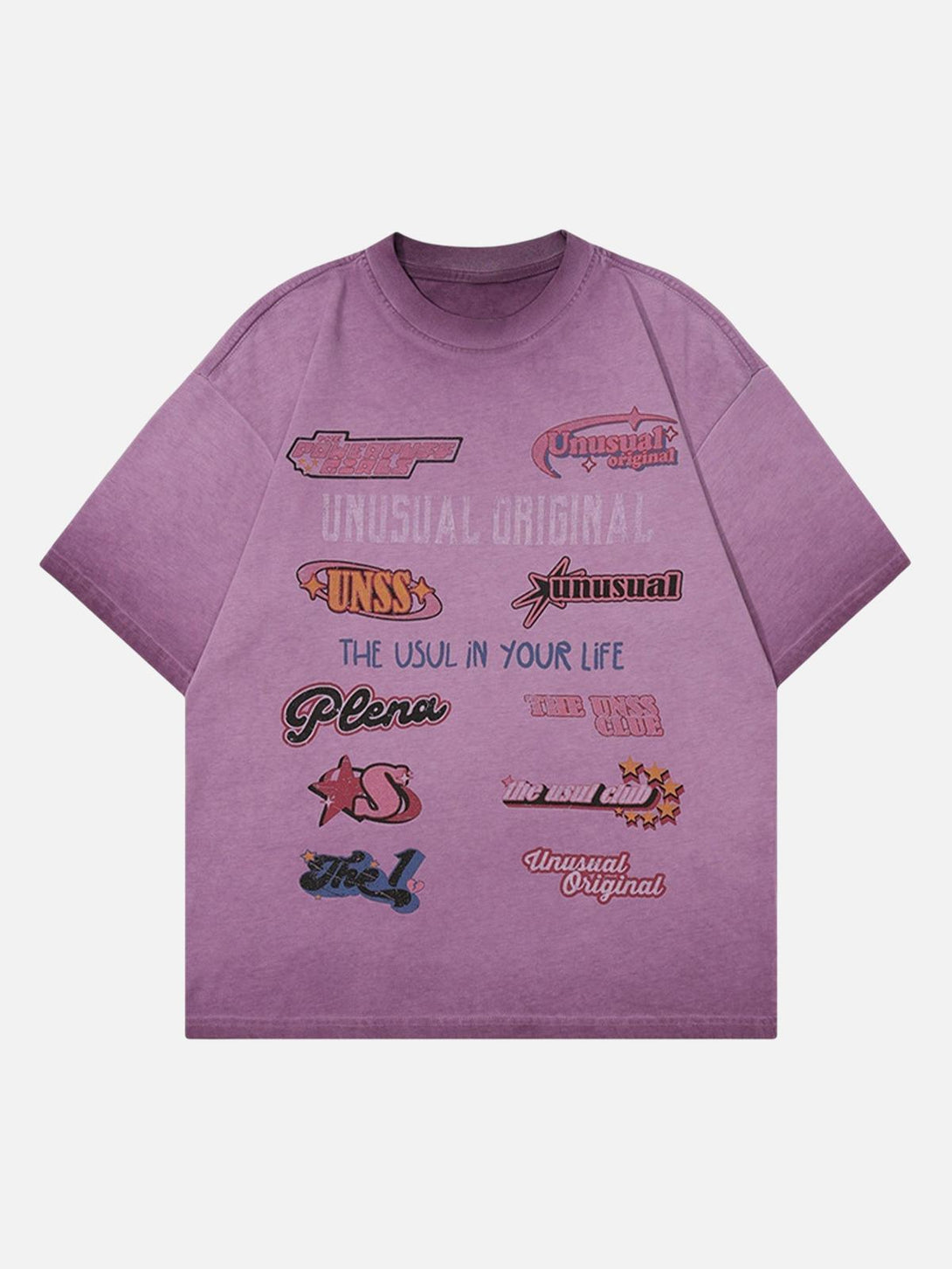Front view of a purple T-shirt with playful sticker patterns, crafted by TALISHKO.