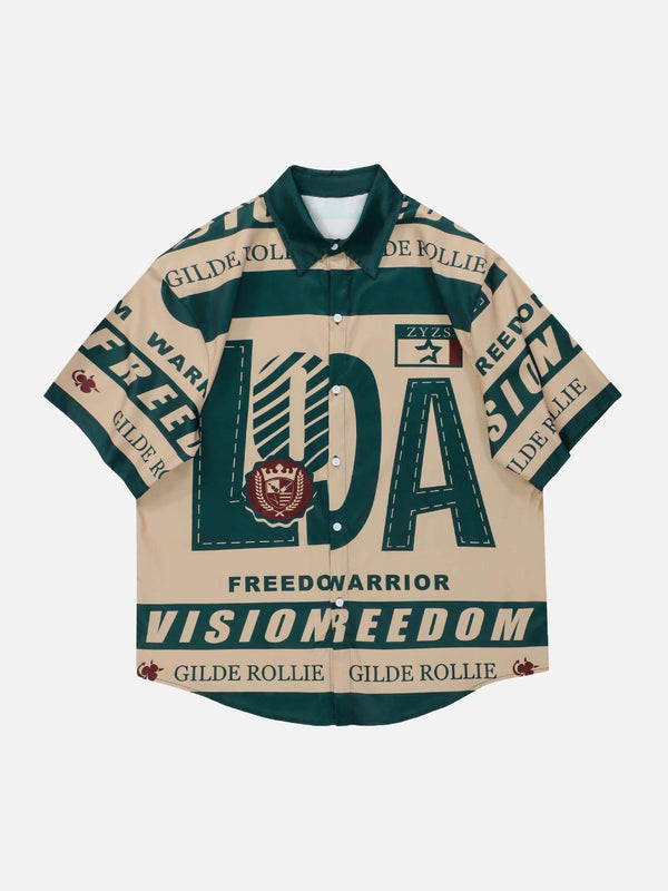 Front view of a burlywood vintage print shirt by TALISHKO, showcasing bold street style.
